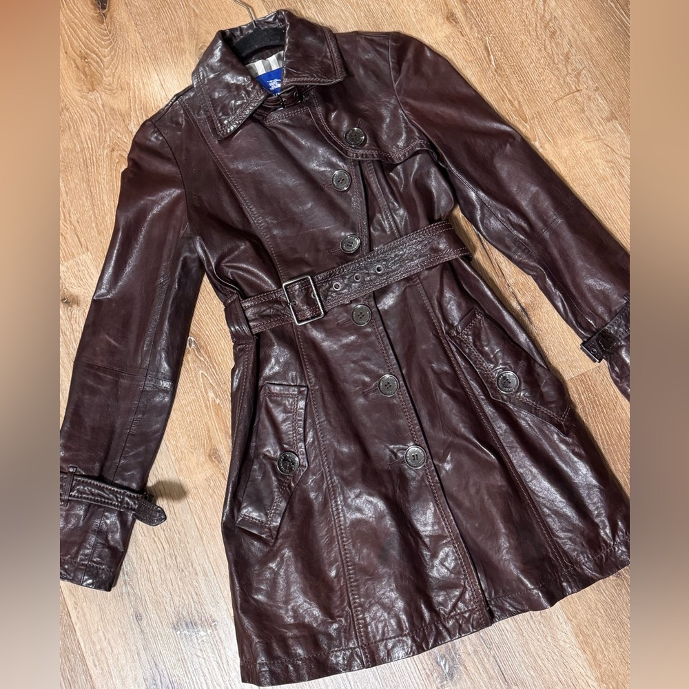 Burberry Burgundy Chocolate Brown Leather Trench‎ Coat Size 38 (US 2)